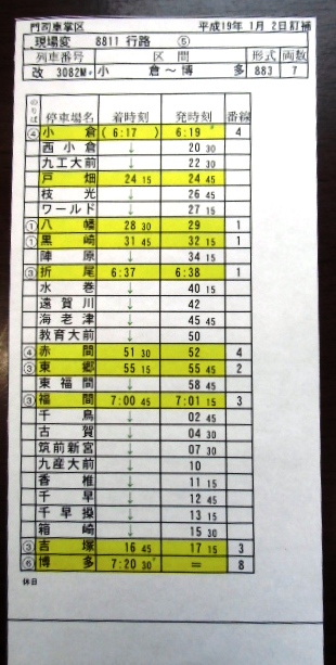 画像: 車掌時刻表　８８１行路　５仕業「特急　ソニック　１０２号」