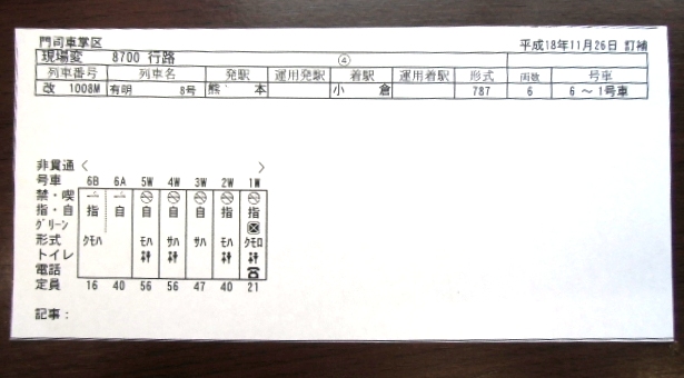 画像: 車掌時刻表　８７００行路　４仕業　「特急　有明　８号」　博多ー小倉　平成１８年１１月