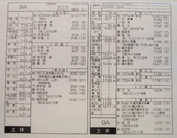 画像: 新幹線車掌時刻表  東京第二運輸所　 9A  (のぞみ ９号) 行路番号M1617 東京ー新大阪  Ｈ２８，３，２６改正