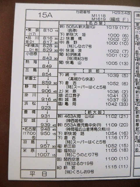 画像: 新幹線車掌時刻表  東京第二運輸所　　15A  (のぞみ1５号) 博多行 行路番号M1619 ,Ｈ２９，３，４改正