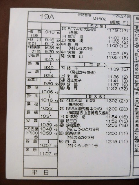 画像: 新幹線車掌時刻表  　1９A  (のぞみ1９号) 博多行 行路番号M1602  ,Ｈ２９，３，４改正