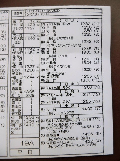 画像: 新幹線車掌時刻表  　1９A  (のぞみ1９号) 博多行 行路番号M1602  ,Ｈ２９，３，４改正