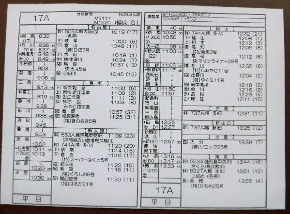 画像: 新幹線車掌時刻表  東京第二運輸所　　15A  (のぞみ1５号) 博多行 行路番号M1619 ,Ｈ２９，３，４改正