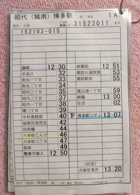 画像: 昭代（城南）博多駅　線　平日　１Ａ　運番、運営：吉塚(営)　２０１７，０６，１０、改正　