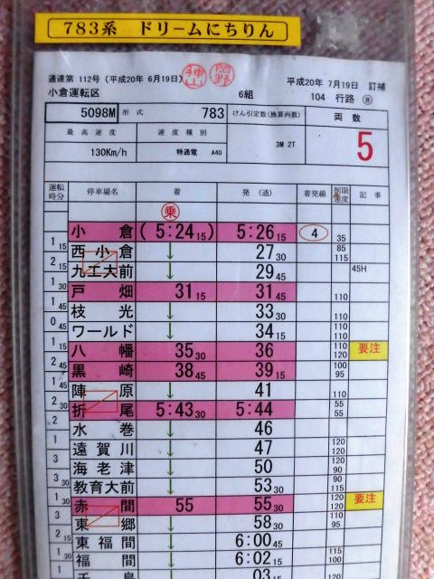 画像: 特急　「ドリームにちりん」７８３系（小倉―博多）　　小倉運転区　６組　１０４行路　（６）〜（９）　