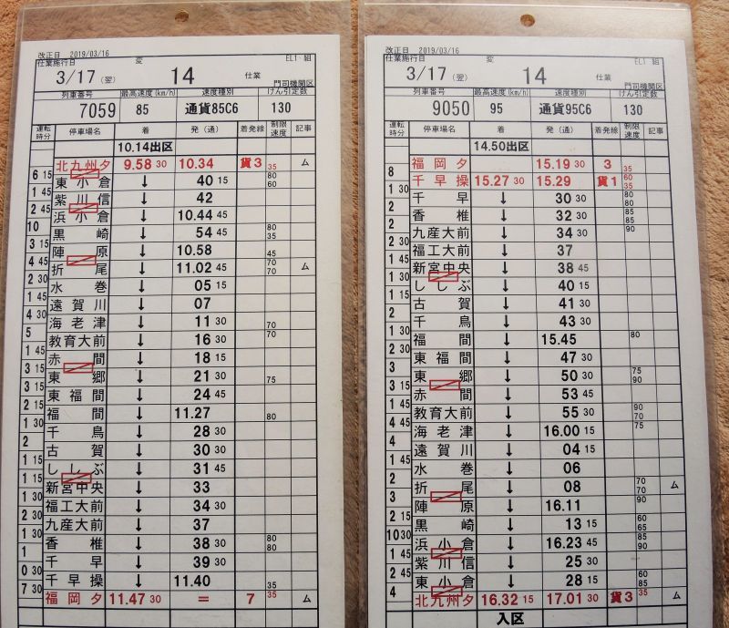 画像: 門司機関区  EL１組 １４　仕業 （行路揃い） 北九州ターミナル〜福岡ターミナル　 2019/03/16改正  ケース入り４枚