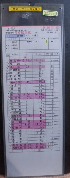 画像1: 特急「　きりしま　７号　」　宮崎運輸センター　１組　１４行路　（１）仕業　平成１５年８月　ケース入り１枚　