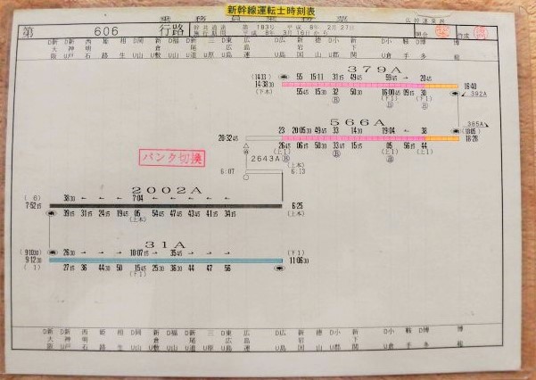 山陽新幹線 運転士時刻表 第 ６０６ 行 路 広幹運乗派 施行;平成８年３月１６日 - ディスカウントショップ よしむら