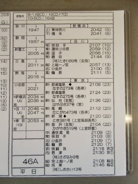 画像: 新幹線車掌時刻表  東京第二運輸所　４６A　(のぞみ ４６号) 　東京行　行路番号M1６１２　新大阪ー東京  Ｈ２８，３，２６改正