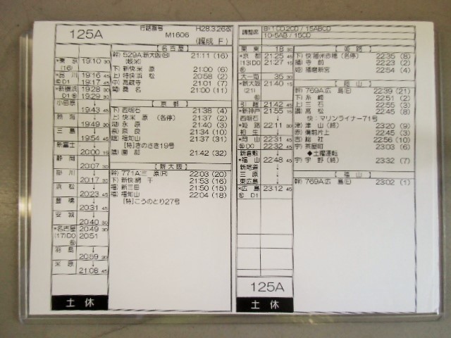 画像: 新幹線車掌時刻表  東京第二運輸所　１２５A　(のぞみ １２５号) 　広島行　行路番号M1606　東京ー新大阪  Ｈ２８，３，２６改正