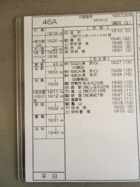 画像: 新幹線車掌時刻表  東京第二運輸所　４６A　(のぞみ ４６号) 　東京行　行路番号M1６１２　新大阪ー東京  Ｈ２８，３，２６改正