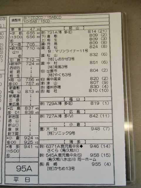 画像: 新幹線車掌時刻表  東京第二運輸所　９５A　(のぞみ ９５号) 博多行　行路番号M1621　東京ー新大阪  Ｈ２８，３，２６改正