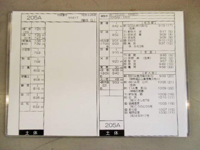 画像: 新幹線車掌時刻表  東京第二運輸所　２０５A　(のぞみ ２０５号) 　新大阪行　行路番号M1617　東京ー新大阪  Ｈ２８，３，２６改正