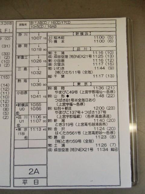 画像: 新幹線車掌時刻表  東京第二運輸所　２A　(のぞみ ２号) 　東京行　行路番号M1621　新大阪ー東京  Ｈ２８，３，２６改正