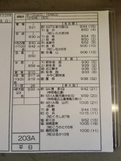 画像: 新幹線車掌時刻表  東京第二運輸所　２０３A　(のぞみ ２０３号) 　新大阪行　行路番号M1615　東京ー新大阪  Ｈ２８，３，２６改正