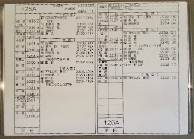 画像1: 新幹線車掌時刻表  東京第二運輸所　１２５A　(のぞみ １２５号) 　広島行　行路番号M1606　東京ー新大阪  Ｈ２８，３，２６改正