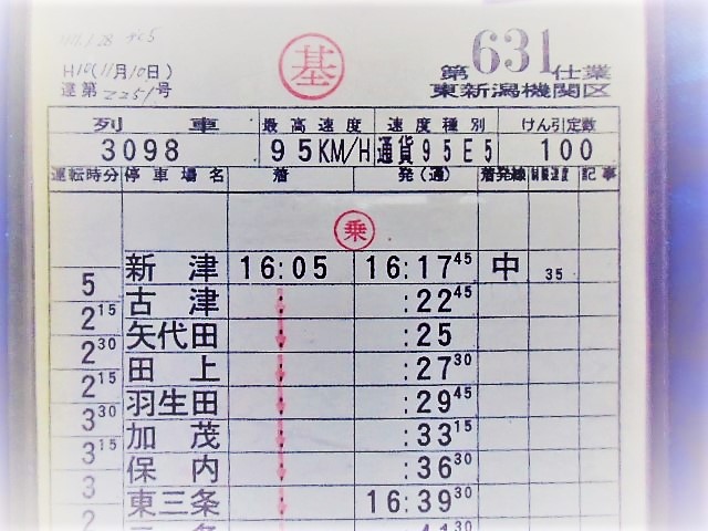 画像: 東新潟機関区　第　６３１　仕業　　新津ー直江津）　施行日：平成11年1月28日