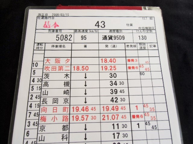 画像: 吹田機関区  EL1 組  ４３ 仕業 　（吹田第六〜大阪タ 〜 稲沢）　 ２００８/０３/１５ 改正 ケース入り