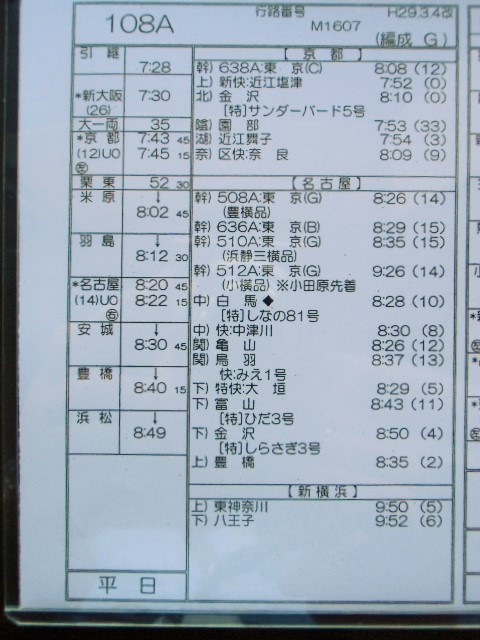 画像: 新幹線車掌時刻表  東京第二運輸所　　１０８A　(のぞみ 　１０８号) 　東京行　行路番号　M1６０７　新大阪ー東京  Ｈ２９，３，４改正