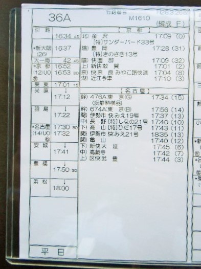 画像: 新幹線車掌時刻表  東京第二運輸所　　36A　(のぞみ 　36号) 　東京行　行路番号M1６10　新大阪ー東京  Ｈ２８，３，２６改正