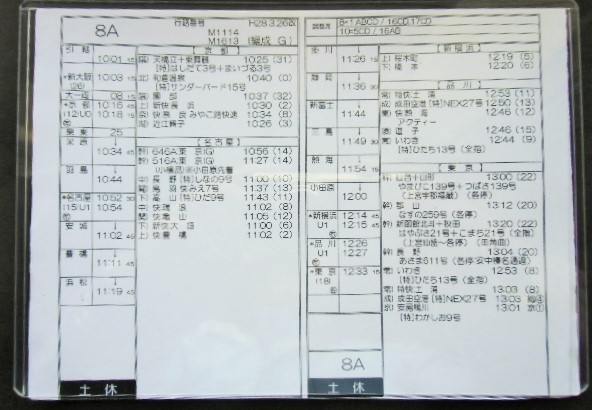 画像: 新幹線車掌時刻表  東京第二運輸所　　８A　(のぞみ 　８号) 　東京行　行路番号M1１１４　新大阪ー東京  Ｈ２８，３，２６改正