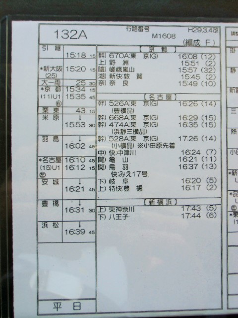 画像: 新幹線車掌時刻表  東京第二運輸所　　１３２A　(のぞみ 　１３２号) 　東京行　行路番号　M1６０８　新大阪ー東京  Ｈ２９，３，４改正