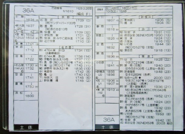 画像: 新幹線車掌時刻表  東京第二運輸所　　36A　(のぞみ 　36号) 　東京行　行路番号M1６10　新大阪ー東京  Ｈ２８，３，２６改正