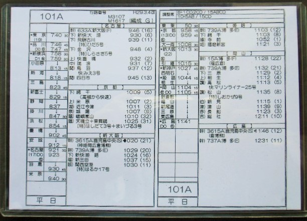 画像1: 新幹線車掌時刻表  東京第二運輸所　１０１A　(のぞみ １０１号) 　広島行　行路番号　M１６１７　東京ー広島　 Ｈ２９，３，４改正