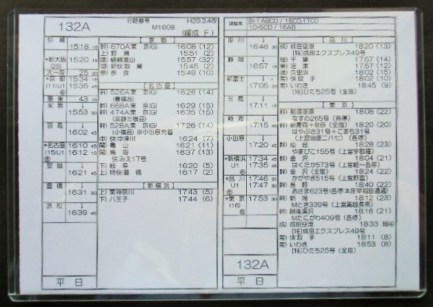 画像1: 新幹線車掌時刻表  東京第二運輸所　　１３２A　(のぞみ 　１３２号) 　東京行　行路番号　M1６０８　新大阪ー東京  Ｈ２９，３，４改正