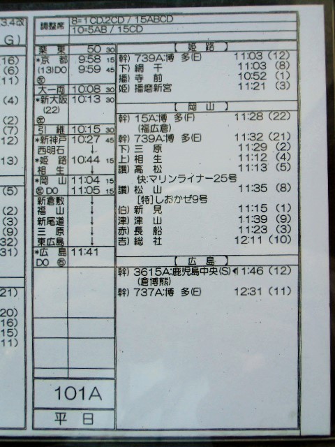 画像: 新幹線車掌時刻表  東京第二運輸所　１０１A　(のぞみ １０１号) 　広島行　行路番号　M１６１７　東京ー広島　 Ｈ２９，３，４改正