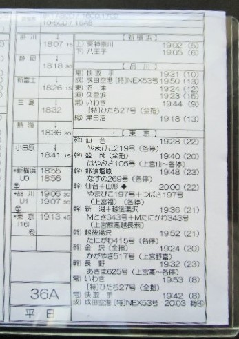 画像: 新幹線車掌時刻表  東京第二運輸所　　36A　(のぞみ 　36号) 　東京行　行路番号M1６10　新大阪ー東京  Ｈ２８，３，２６改正