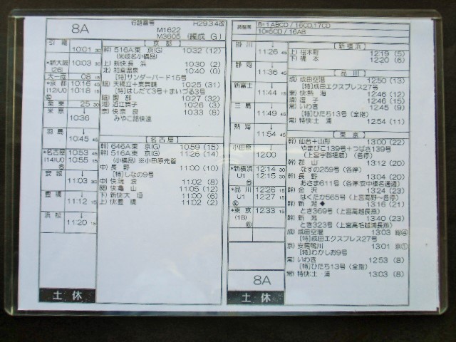 画像: 新幹線車掌時刻表  東京第二運輸所　　８A　(のぞみ 　８号) 　東京行　行路番号　M1６２２　新大阪ー東京  Ｈ２９，３，４改正