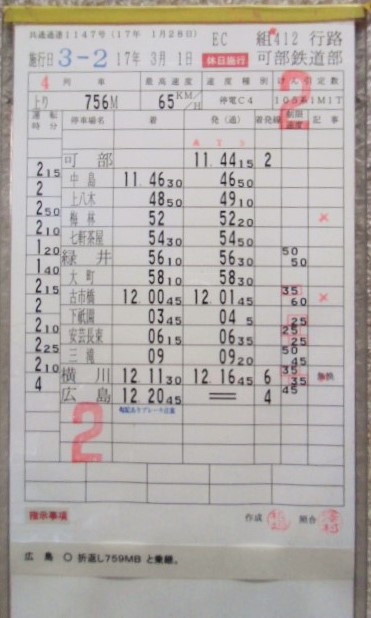 画像: 可部線　可部鉄道部　ＥＣ組４１２行路　(3)・(4)仕業　平成１７年３月１日改正