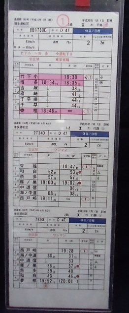 画像1: 博多運転区　香椎線（D47系）　2組　21行路　(1)〜6仕業　平成15年7月7日　ケース入り1枚