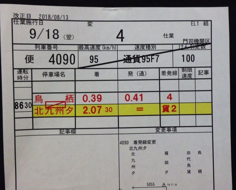 画像: 門司機関区  EL１組 ４仕業 （行路揃い） 北九州ターミナル〜福岡ターミナル〜鳥栖　 2018/08/13改正  ケースなし