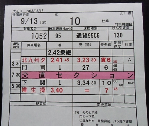 画像: 門司機関区  EL１組 １０仕業 （行路揃い） 幡生操〜北九州ターミナル〜福岡ターミナル　2018/08/13改正  ケースなし