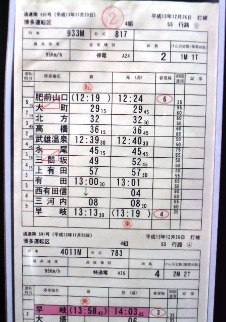 画像: 特急　かもめ１１号　博多運転区　４組　５５行路　（１）〜（４）仕業　ケース入り