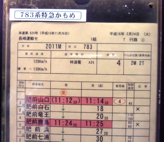 画像: 特急 「かもめ１１号」 　７８３系  （肥前山口ー長崎） 長崎運輸セ 　１組編 ７行路(２) 平成１６年２月