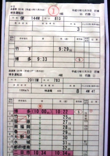 画像: 特急　かもめ１１号　博多運転区　４組　５５行路　（１）〜（４）仕業　ケース入り