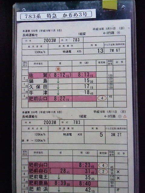 画像: 特急　かもめ3号(783系）　長崎運輸セ　1組変　4－3行路(10)(11)仕業