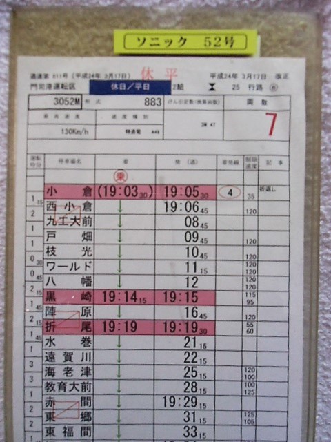 画像: 特急「きらめき18号」・「ソニック52号」門司港運転区　休日2組25行路(5)(6)(7)仕業　平成24年3月17日改正　ケース1枚入り