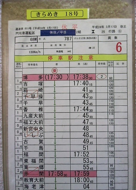 画像: 特急「きらめき18号」・「ソニック52号」門司港運転区　休日2組25行路(5)(6)(7)仕業　平成24年3月17日改正　ケース1枚入り