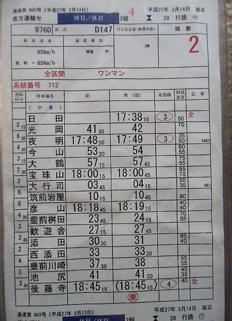 画像: 日田彦山線（廃止区間　添田―夜明入り）　直方運輸センター　休日2組28行路（１）〜（17）仕業揃い　平成27年3月14日改正　ケース４枚入り　