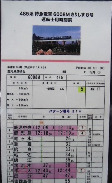 画像: 複製時刻表　485系特急「きりしま8号」鹿児島中央ー宮崎・「ひゅうが11号」延岡ー宮崎