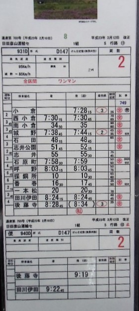 画像: 複製時刻表　  「日田彦山線　キハ40系気動車９２４D　普通列車　添田ー小倉」