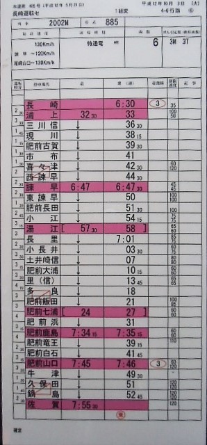 画像: 複製時刻表　「885系　特急　かもめ　２００２M （長崎〜佐賀）」