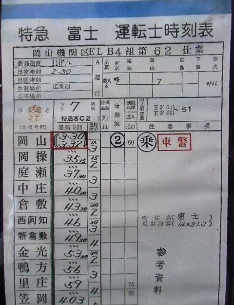 画像: 複製時刻表　  「下り　特急　富士　7列車」 岡山ー広島 