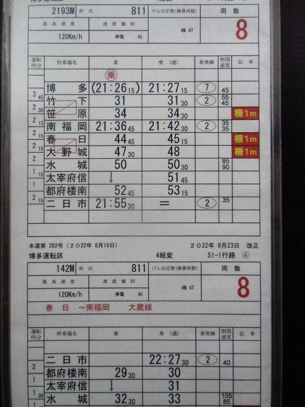 画像: リレーかもめ　64号　博多運転区　4組変　５１－１行路(5)〜(7)仕業　２０22年9月23日改正