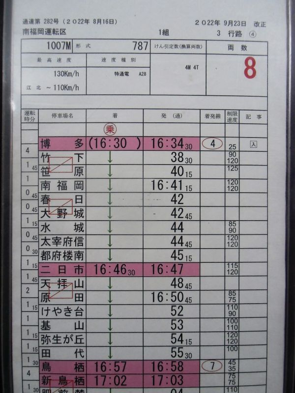 画像: リレーかもめ３２号・かささぎ107号　南福岡運転区　1組　3行路　(3)(4)仕業　2022年9月23日改正　ケース入り