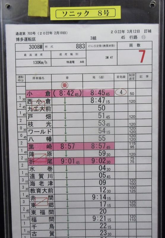 画像: 「ソニック8号」（小倉＝博多）　博多運転区　3組　45行路(11)〜(13)仕業　2022年3月12日停補　ケース入り